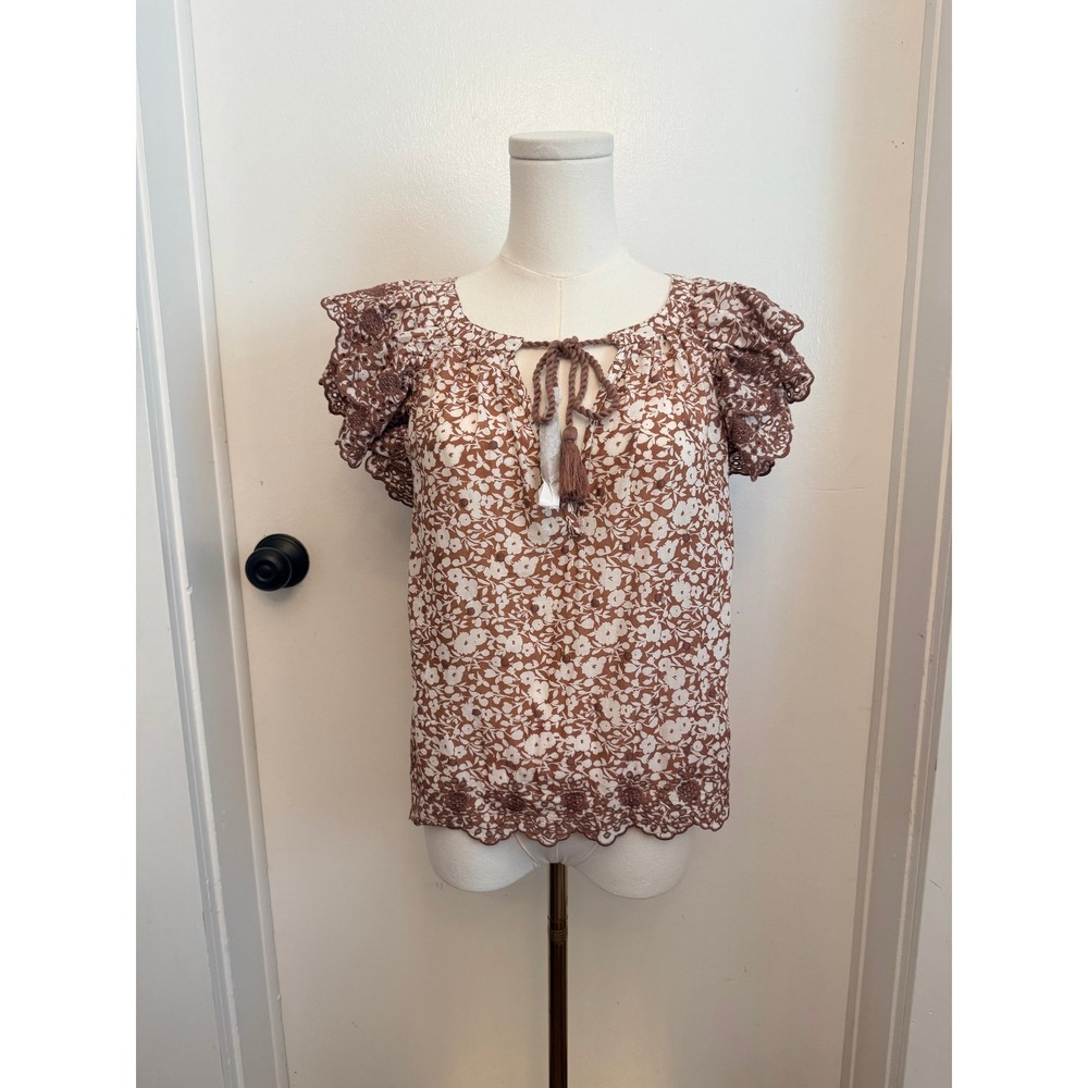AE77 American Eagle Brown Floral Eyelet Flutter Sleeve Tassel Blouse Small NWT